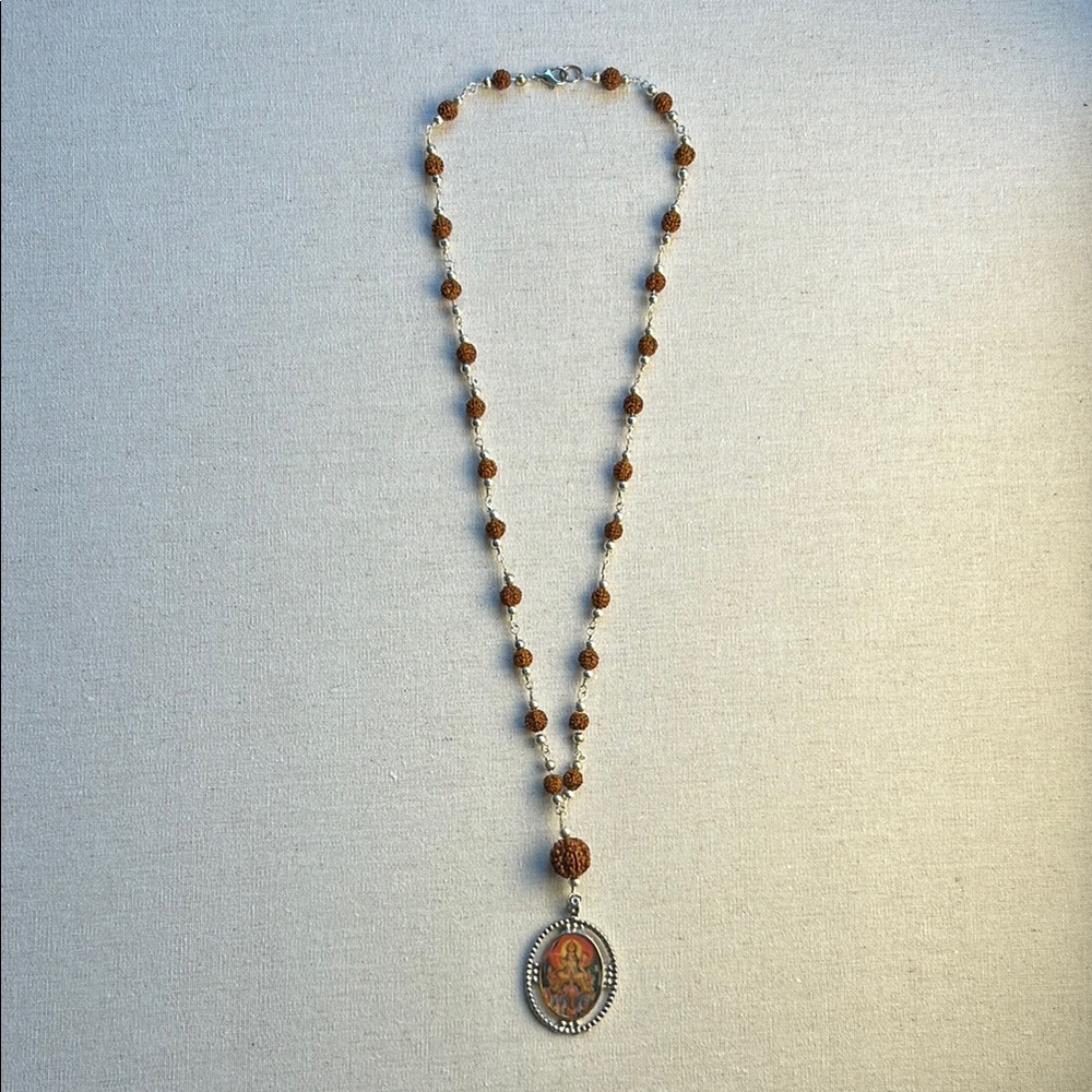 Silver and Brown Beaded Pendant Necklace